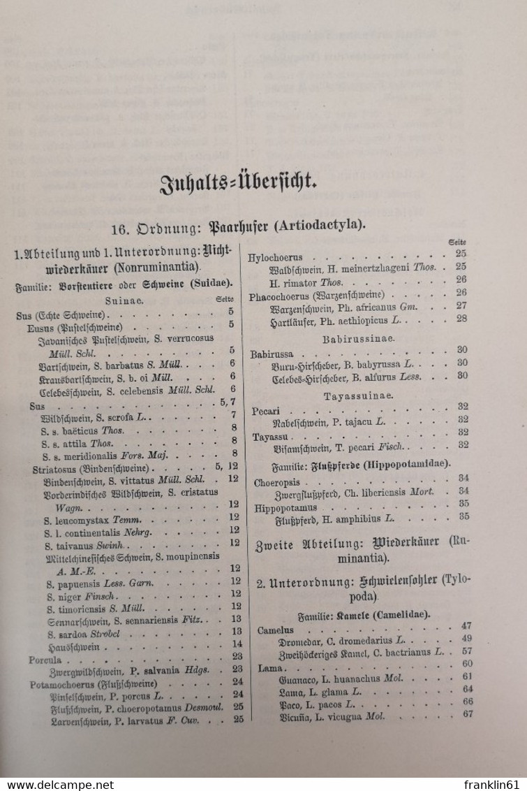 Brehms Tierleben. Die Säugetiere. Vierter Band. Paarhufer - Halbaffen - Affen. - Lexiques