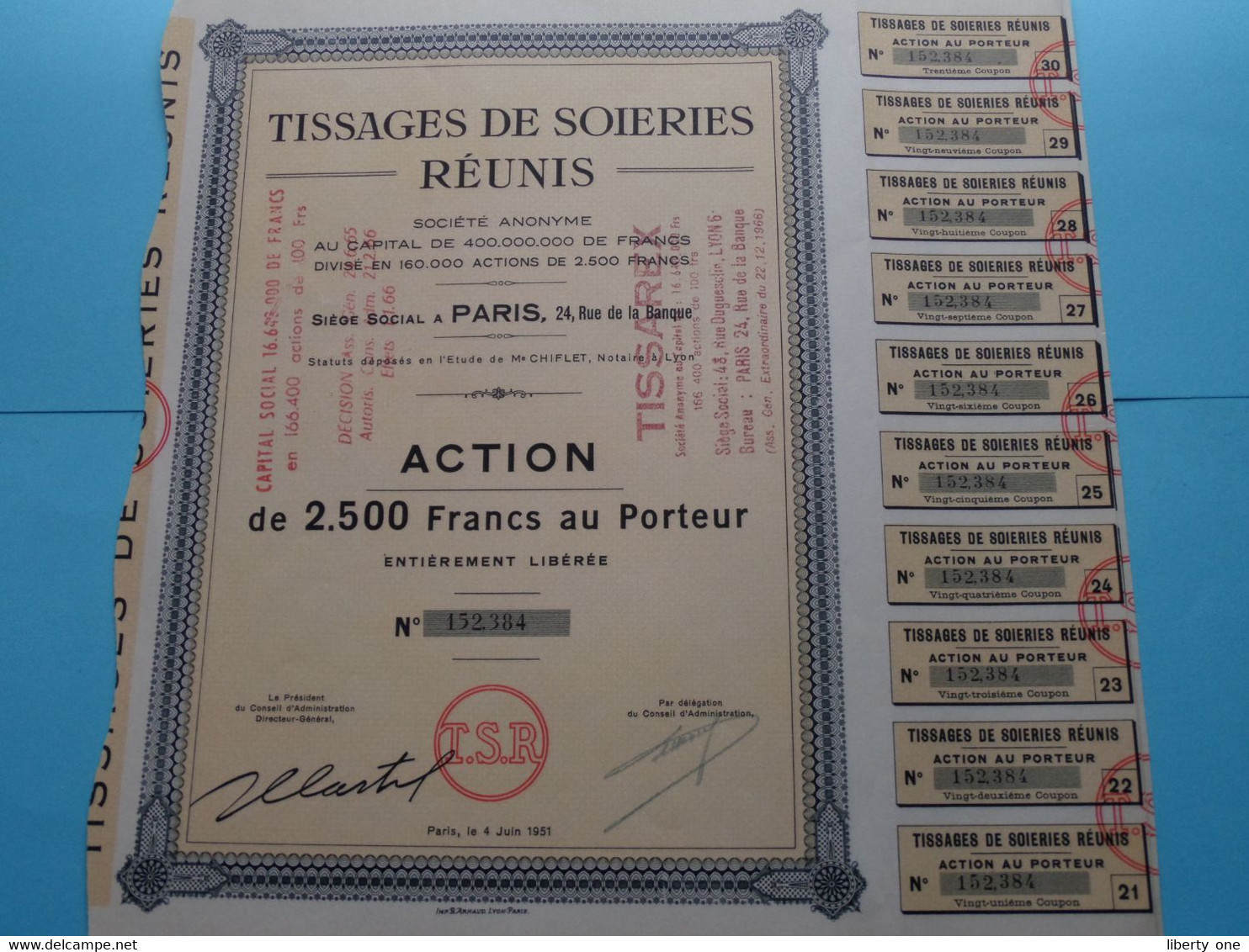 TISSAGES De SOIERIES Réunis Paris 1951 ( Voir / See SCANS ) Numéro 152384 > Action De 2.500 Fr. ! - Tessili