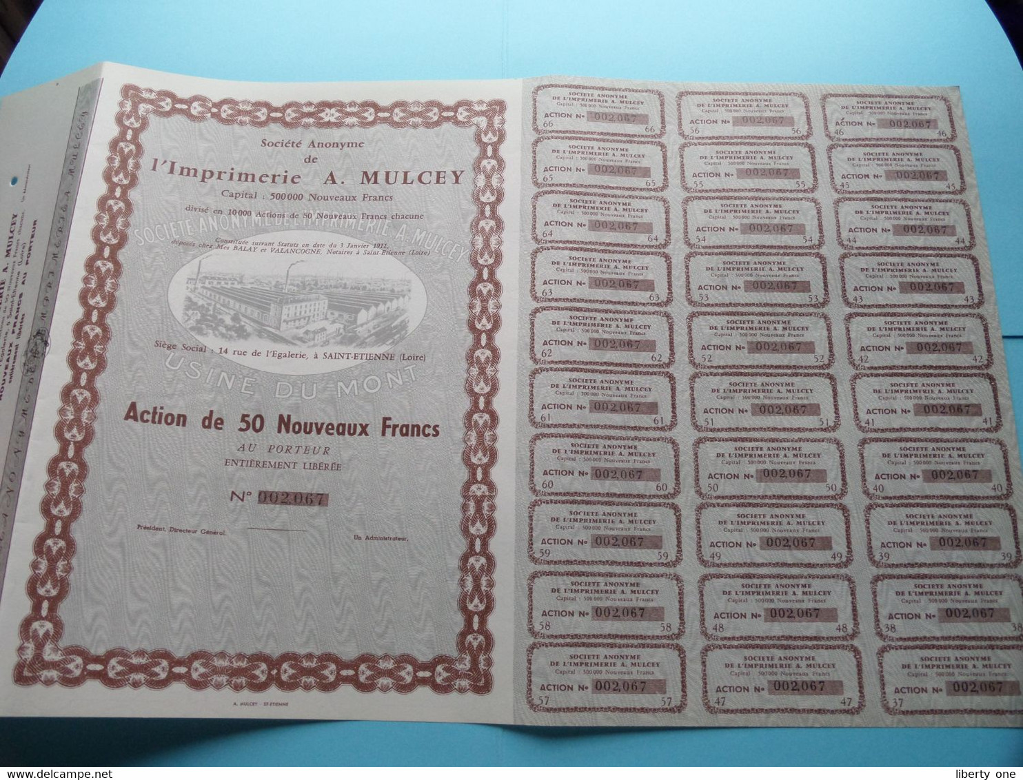 L'Imprimerie A. MULCEY > Saint-Etienne (Loire) BLANCO ( Voir / See SCANS ) Numéro 002067 > Action De 50 Nouveaux Fr. ! - M - O