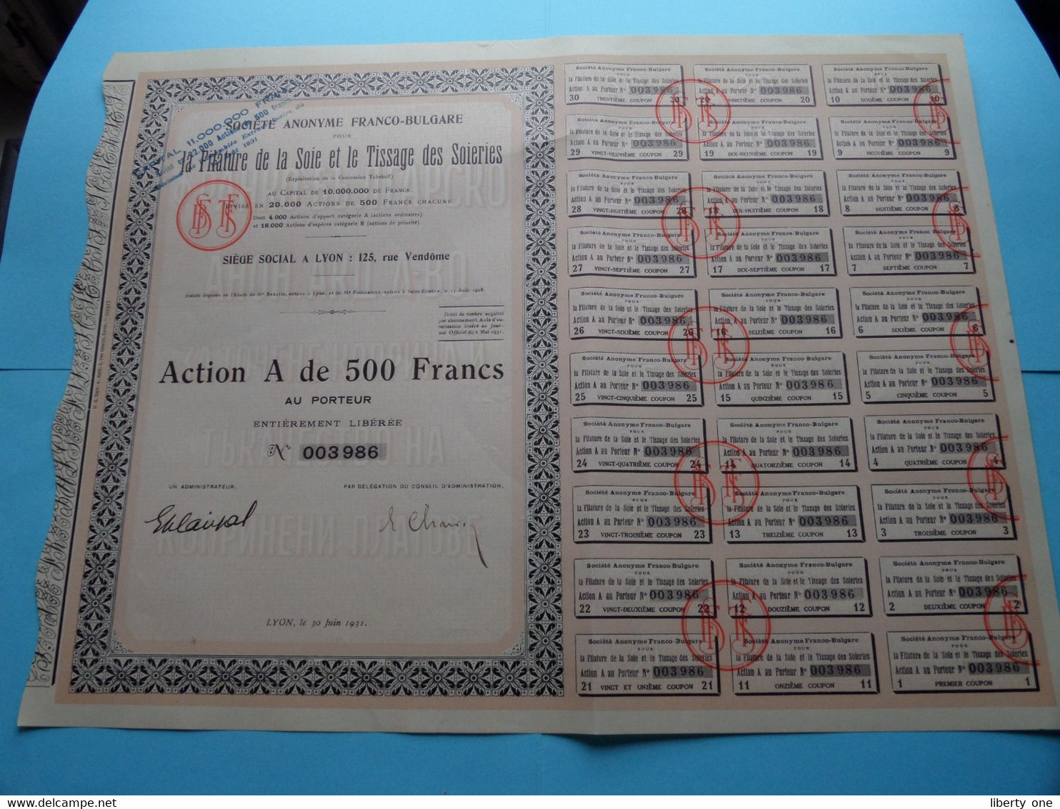 S.A. FRANCO-BULGARE La Filature De La Soie Et Le Tissage Des Soieries ( Voir SCANS ) Numéro 003986 > Action De 500 Fr. ! - Textile