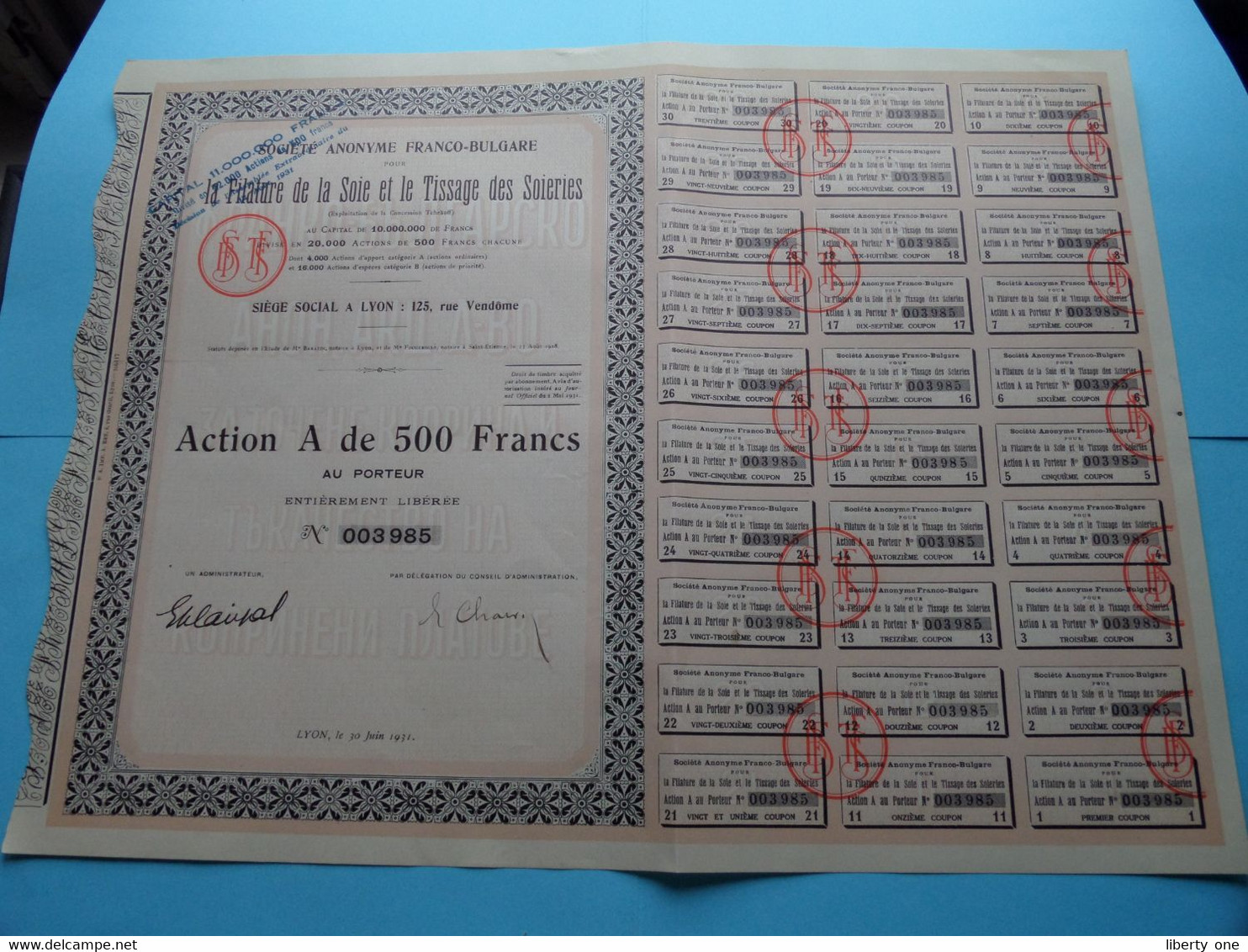 S.A. FRANCO-BULGARE La Filature De La Soie Et Le Tissage Des Soieries ( Voir SCANS ) Numéro 003985 > Action De 500 Fr. ! - Textile