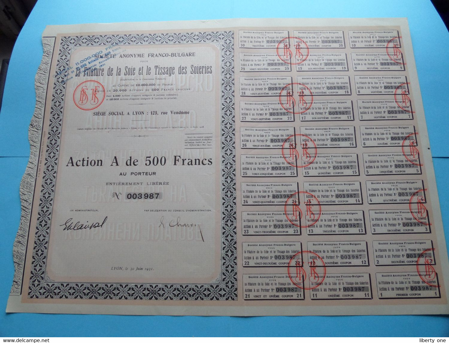 S.A. FRANCO-BULGARE La Filature De La Soie Et Le Tissage Des Soieries ( Voir SCANS ) Numéro 003987 > Action De 500 Fr. ! - Textile