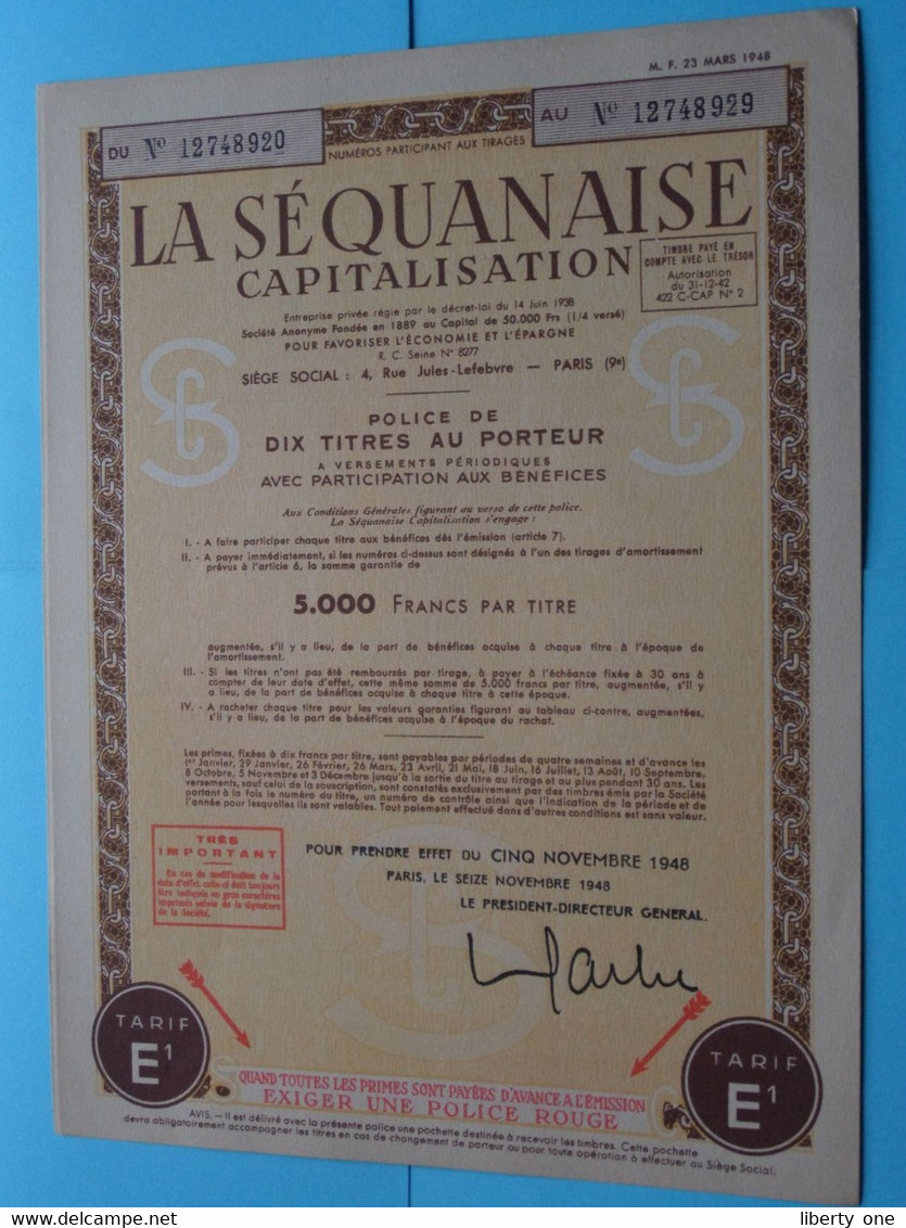 LA SEQUANAISE - Paris 1948 ( Voir / See SCANS ) Numéro 12748929 > 5.000 Francs Par Titre ! - J - L