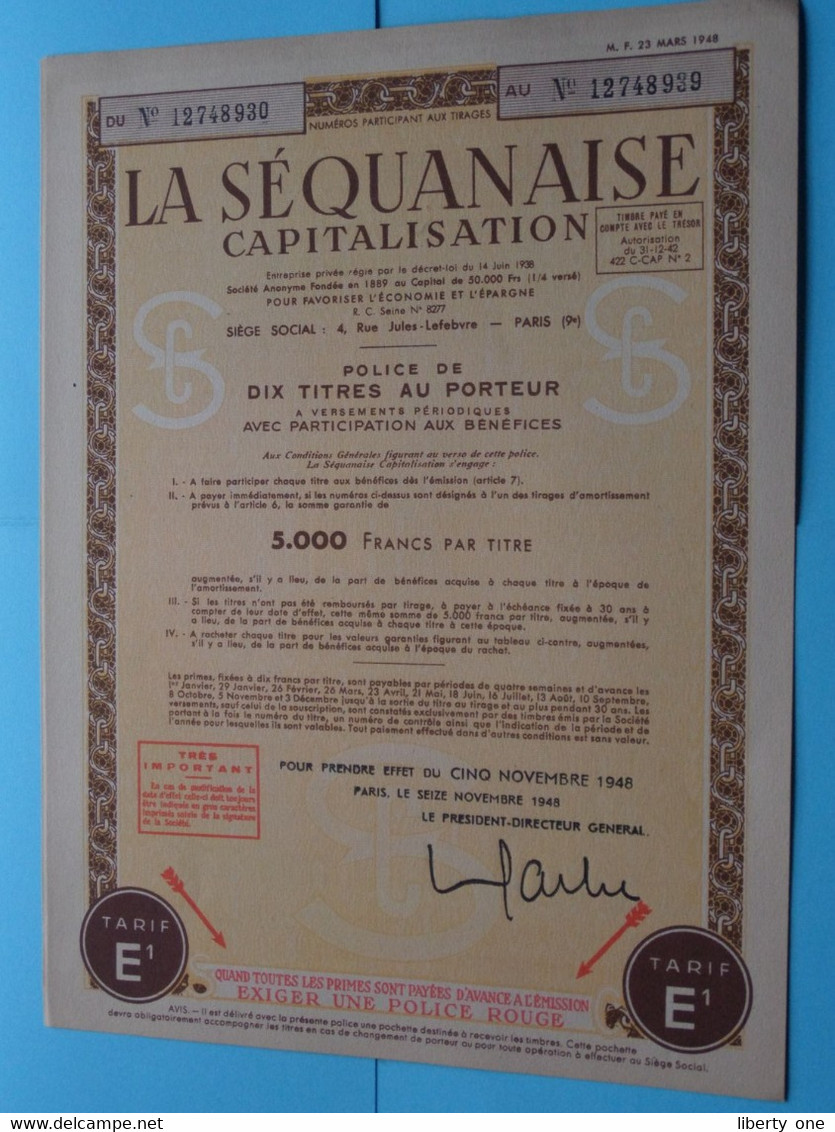 LA SEQUANAISE - Paris 1948 ( Voir / See SCANS ) Numéro 12748939 > 5.000 Francs Par Titre ! - J - L