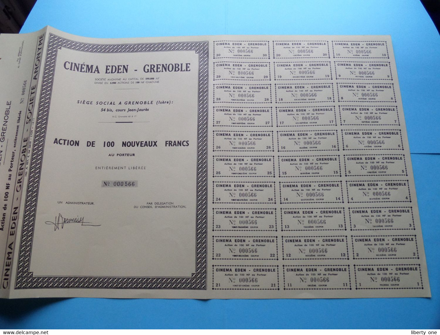 Cinéma EDEN - Grenoble (Isère) BLANCO ( Voir / See SCANS ) Numéro 000566 > Action 100 Nouveaux Francs ! - Film En Theater