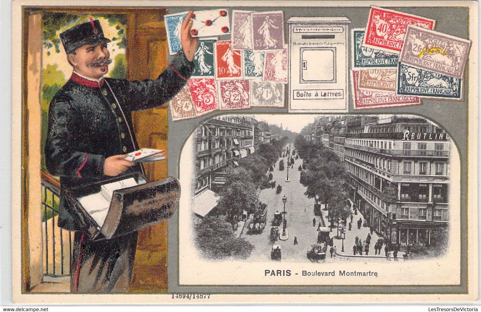 CPA PARIS -  Facteur Et Timbre - Paris BOULEVARD MONTMARTRE - 14894 14877 - Timbres (représentations)