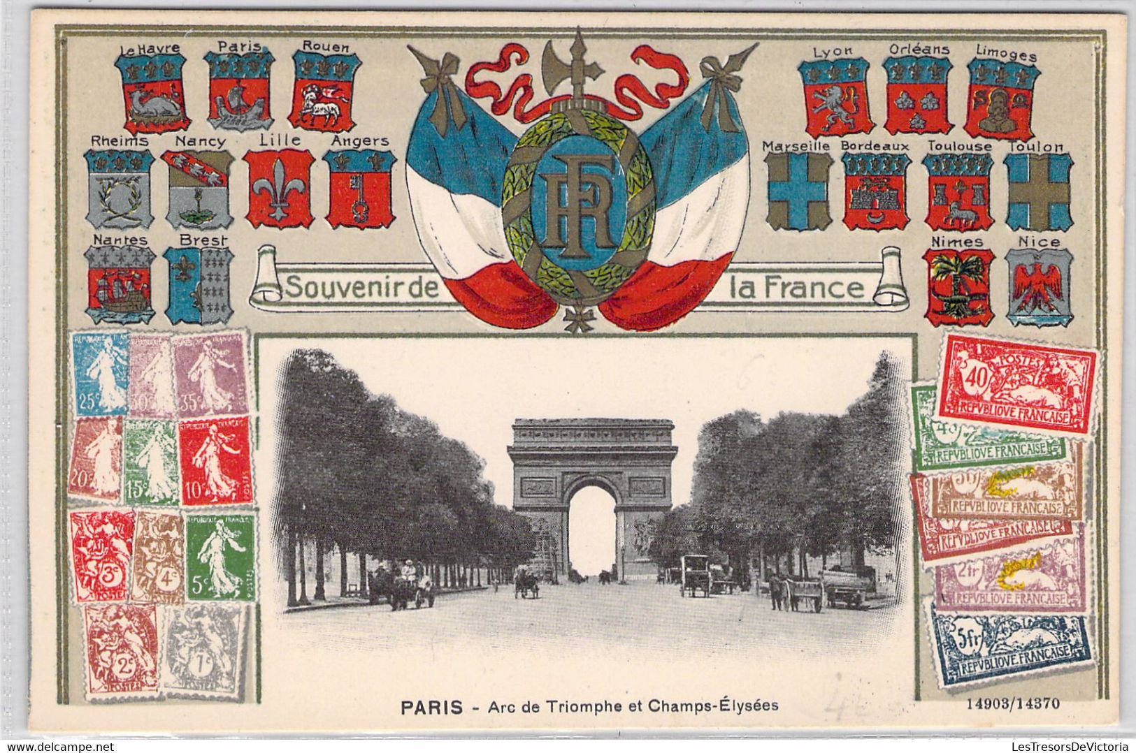 CPA PARIS - Timbre Souvenir De La France Et Blasons Des Villes - Paris Arc De Triomphe Et Champs Elysées - 14903 14370 - Briefmarken (Abbildungen)