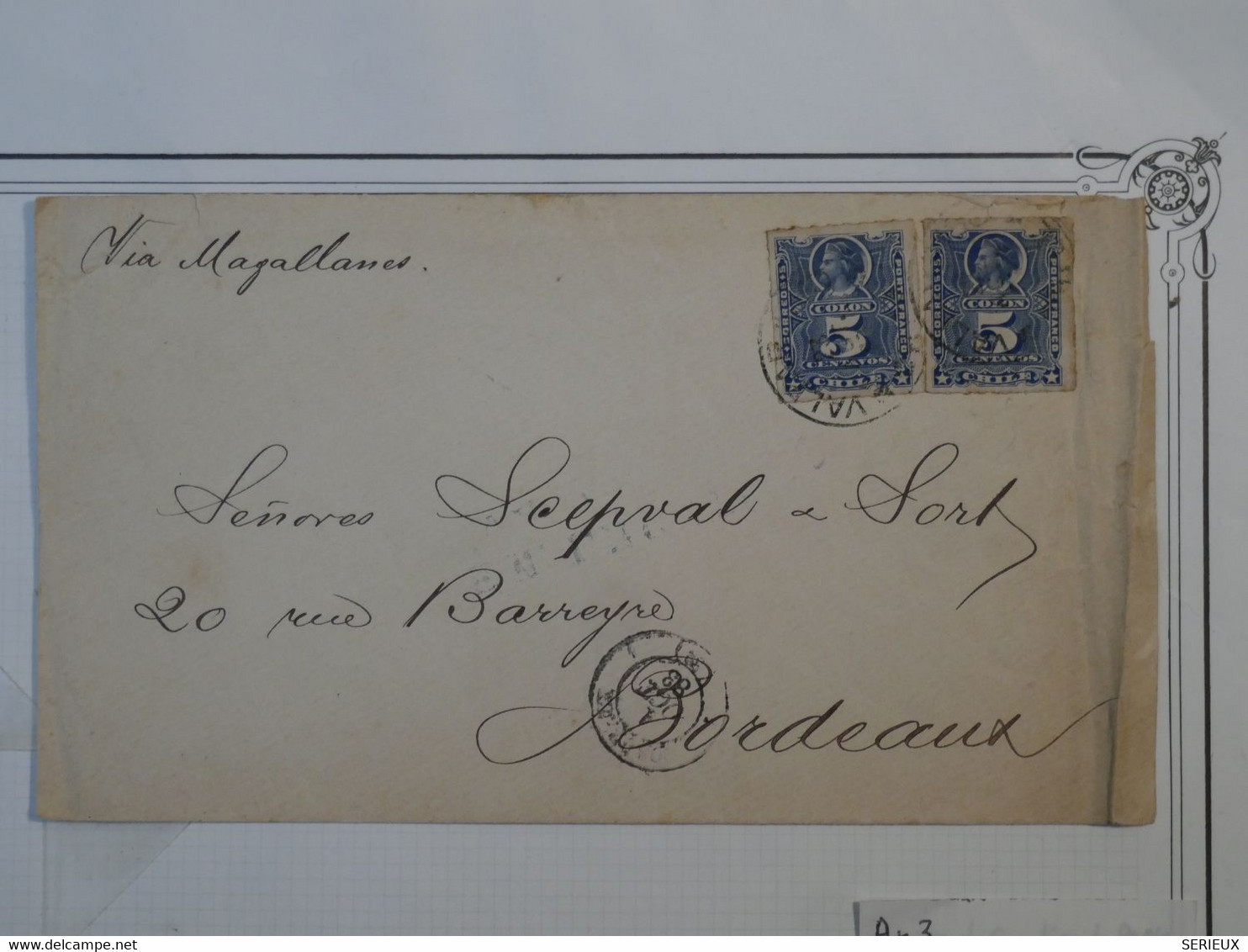 BL3  CHILE  BELLE LETTRE  1888  VALPARAISO  A BORDEAUX   FRANCIA VIA MAZALLANE++5C + +AFFRANCH. INTERESSANT++ - Cile