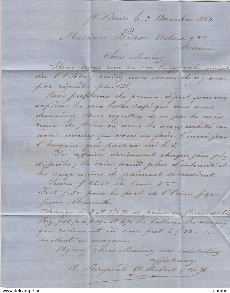 LETTRE. REUNION. 4 NOV 1864. RINGWALD- AUBERT ST DENIS POUR MAURICE. PD. PF. 6dTO PAY. EMYRNE. ARRIVEE MAURITIUS 5 NOV - Lettres & Documents