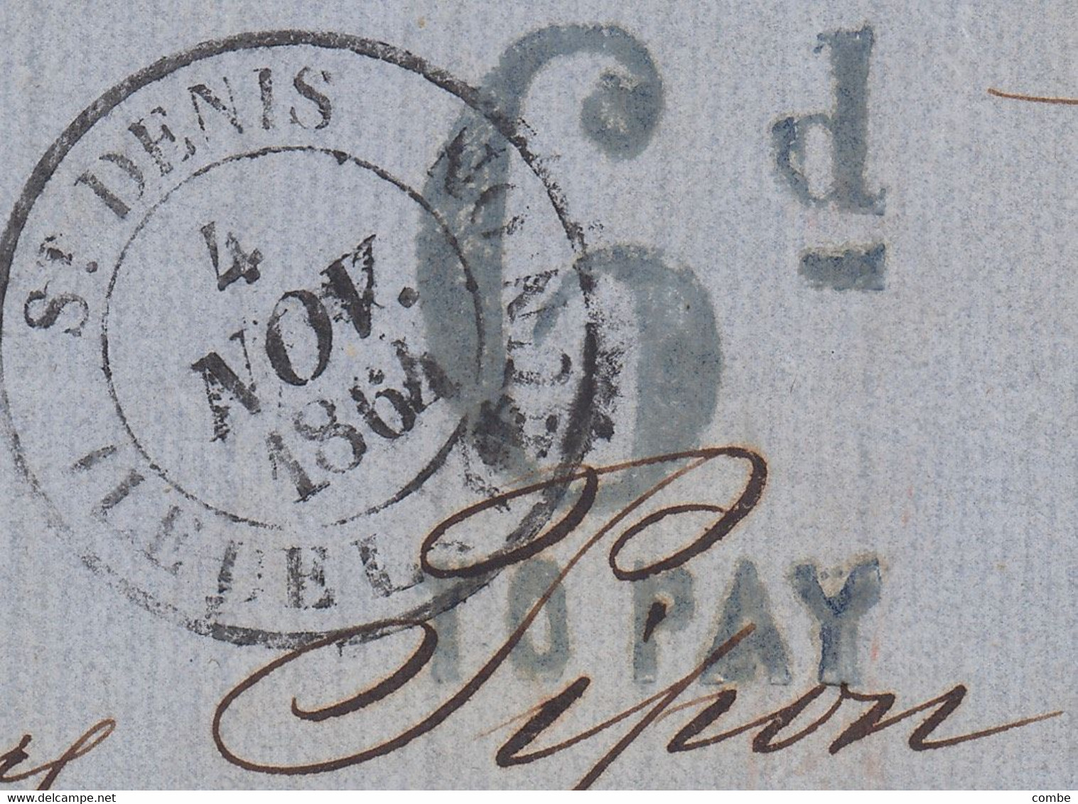 LETTRE. REUNION. 4 NOV 1864. RINGWALD- AUBERT ST DENIS POUR MAURICE. PD. PF. 6dTO PAY. EMYRNE. ARRIVEE MAURITIUS 5 NOV - Lettres & Documents