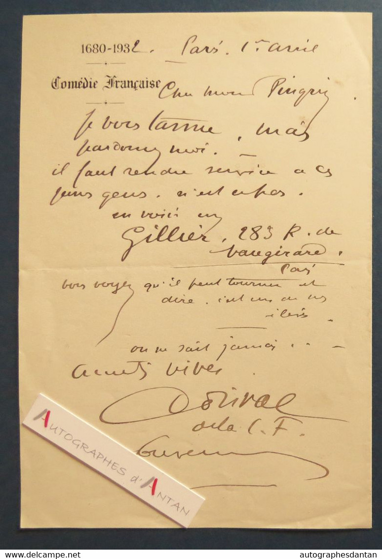 ● L.A.S Georges DORIVAL De La Comédie Française - GILLIER - Pingrin - Lettre Théâtre - Comédien & Peintre - Lemarchand - Actors & Comedians