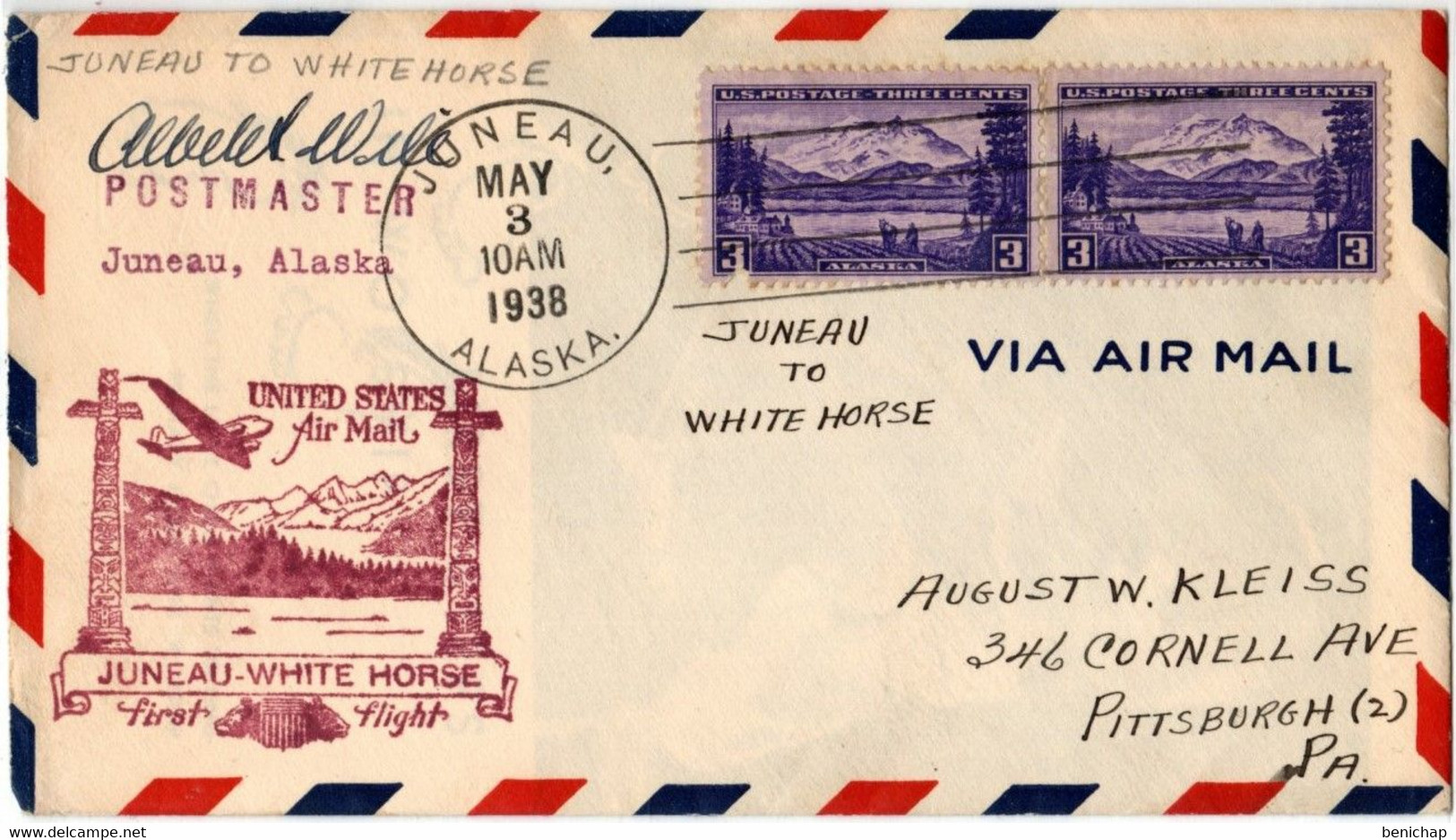 (R84) Scott # 2 X 800 - Cover  Mt. Mckinley - First Flight Juneau Alaska To White Horse - 3 May 1938 - Pittsburgh (PA). - 1c. 1918-1940 Covers