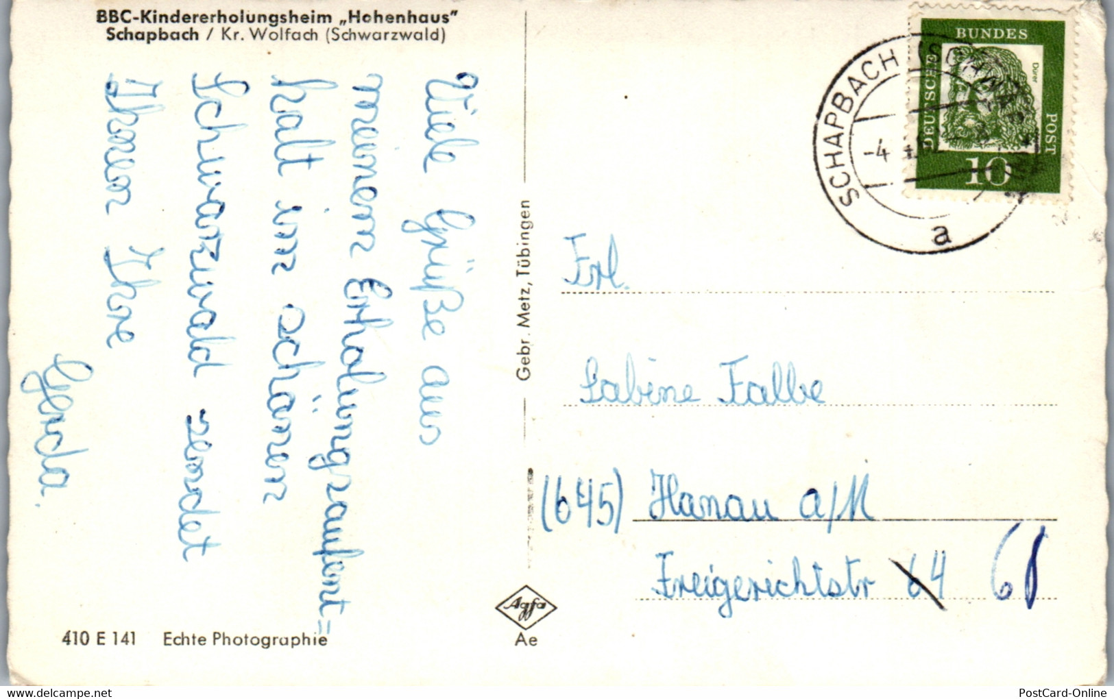 42108 - Deutschland - Schapbach , Kr. Wolfach , BBC Kindererholungsheim Hohenhaus - Gelaufen - Bad Rippoldsau - Schapbach