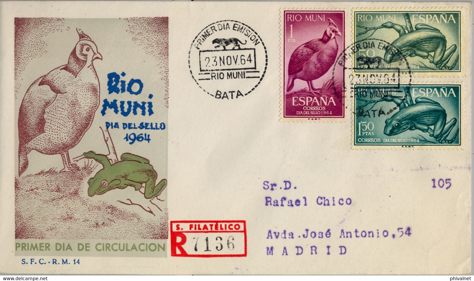 1964 RIO MUNI , SOBRE DE PRIMER DIA CIRCULADO , LLEGADA AL DORSO , ED.  57 / 59 - DIA DEL SELLO , AVES , ANFIBIOS , RANA - Rio Muni