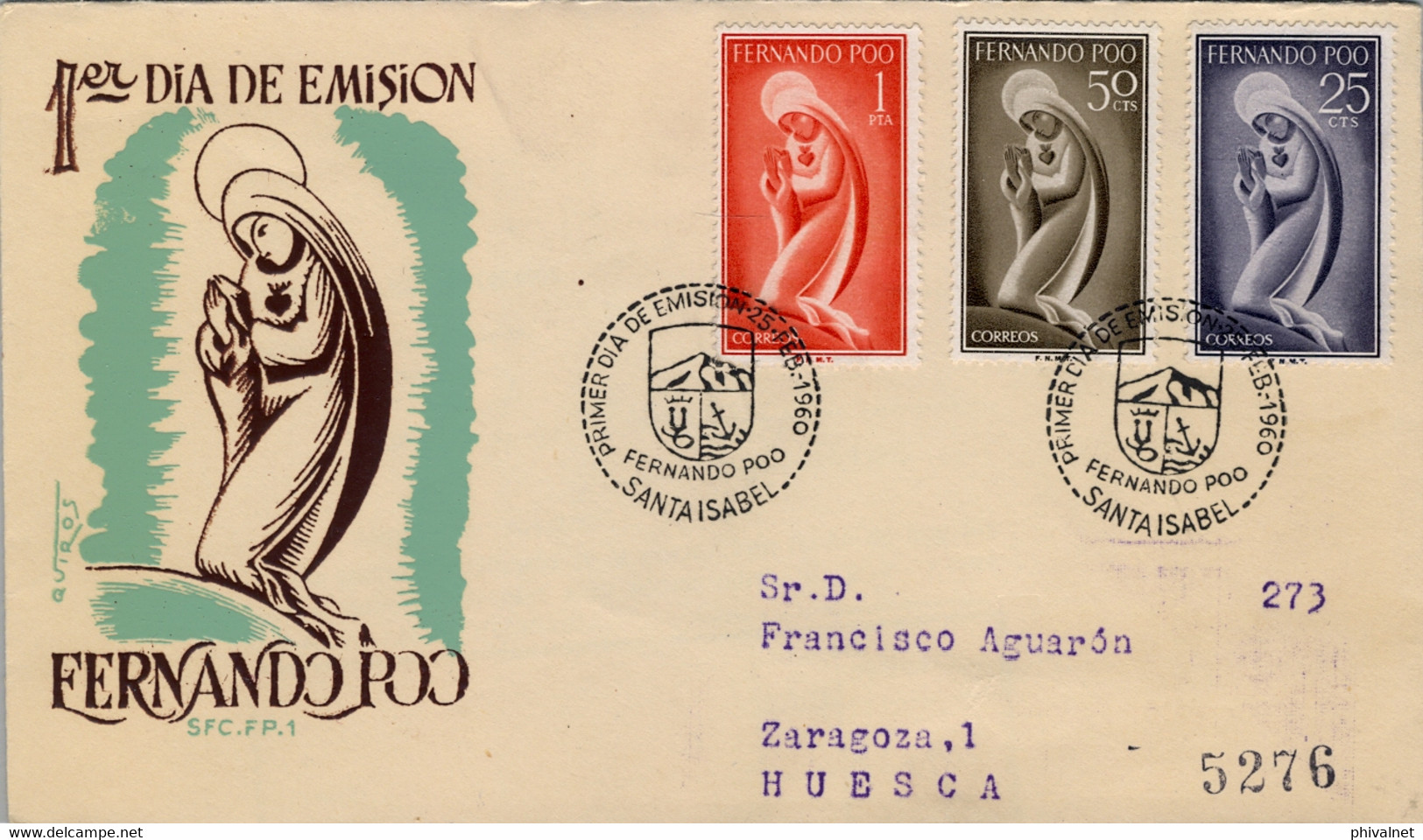 1960 FERNANDO POO , SOBRE DE PRIMER DIA CIRCULADO , ED. 179 , 180 , 182 - IMAGEN DE LA VIRGEN - Fernando Po