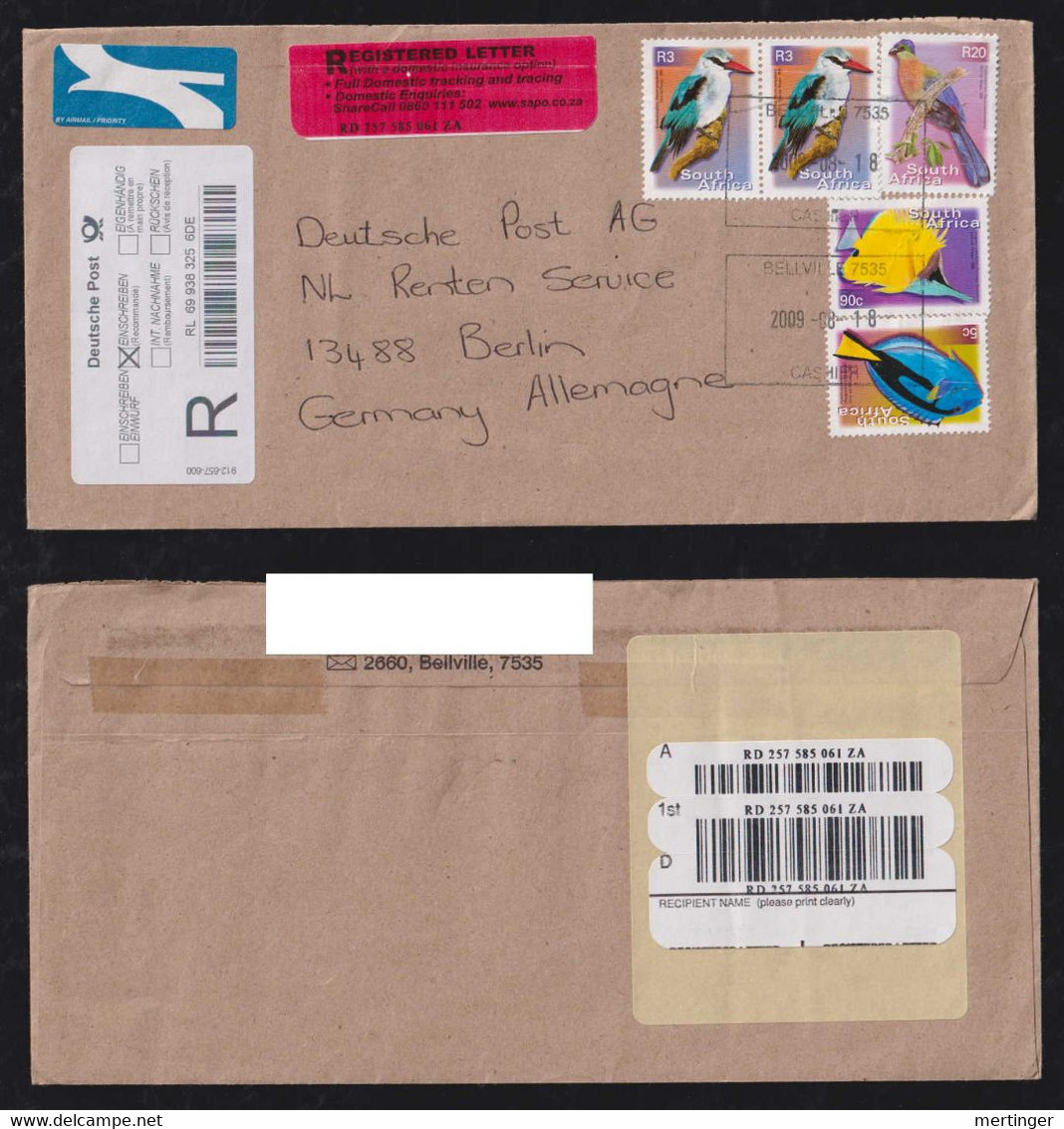 South Africa 2009 Registered Airmail Cover BELLVILLE To BERLIN Germany Bird + Fish - Lettres & Documents