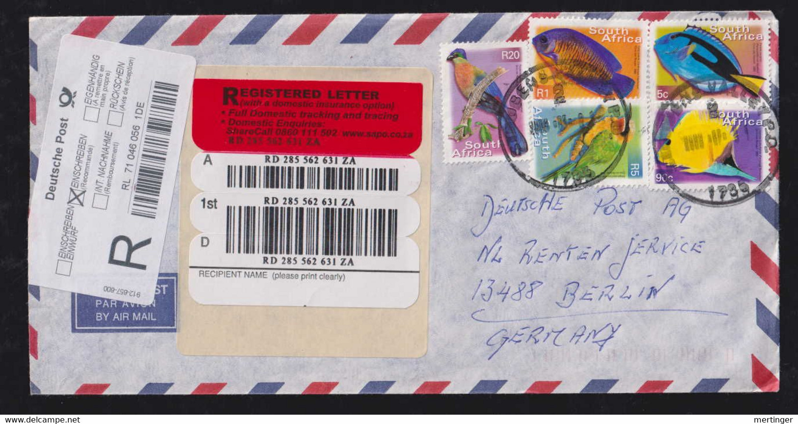 South Africa 2011 Registered Airmail Cover STRUBENS VALLEY X BERLIN Germany Bird + Fish - Briefe U. Dokumente