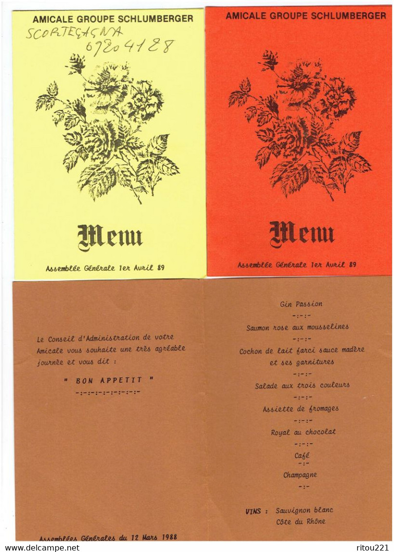 Double Cpm - Lot 6 - MENU - Illustration - 1989/1988/1987 - Landreville Amicale SCHLUMBERGER Cie Des Compteurs - Menus