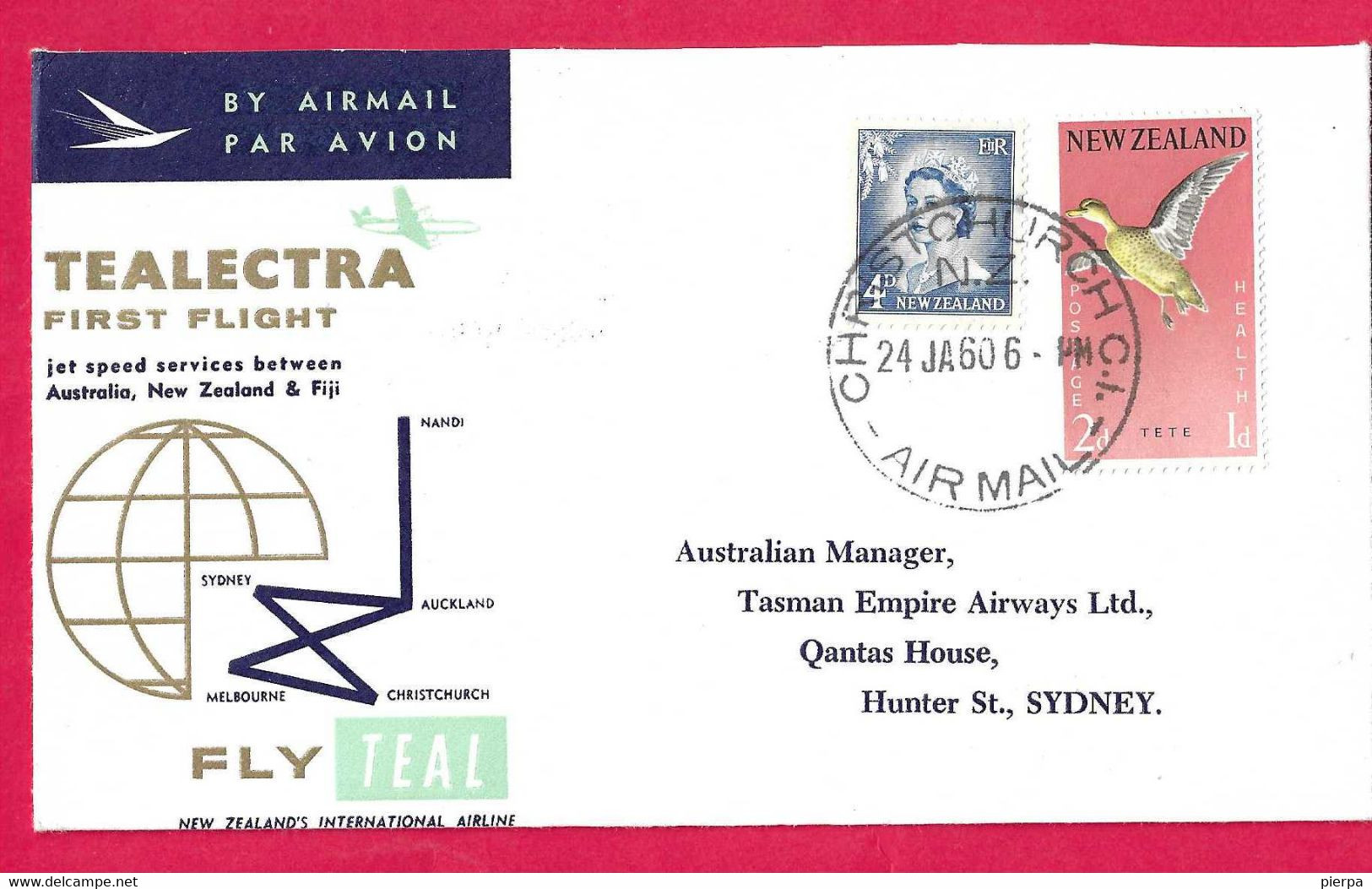 AUSTRALIA - FIRST FLIGHT TEALECTRA FROM CHRISTCHURCH TO SIDNEY * 24.JA.60* ON OFFICIAL ENVELOPE - Premiers Vols