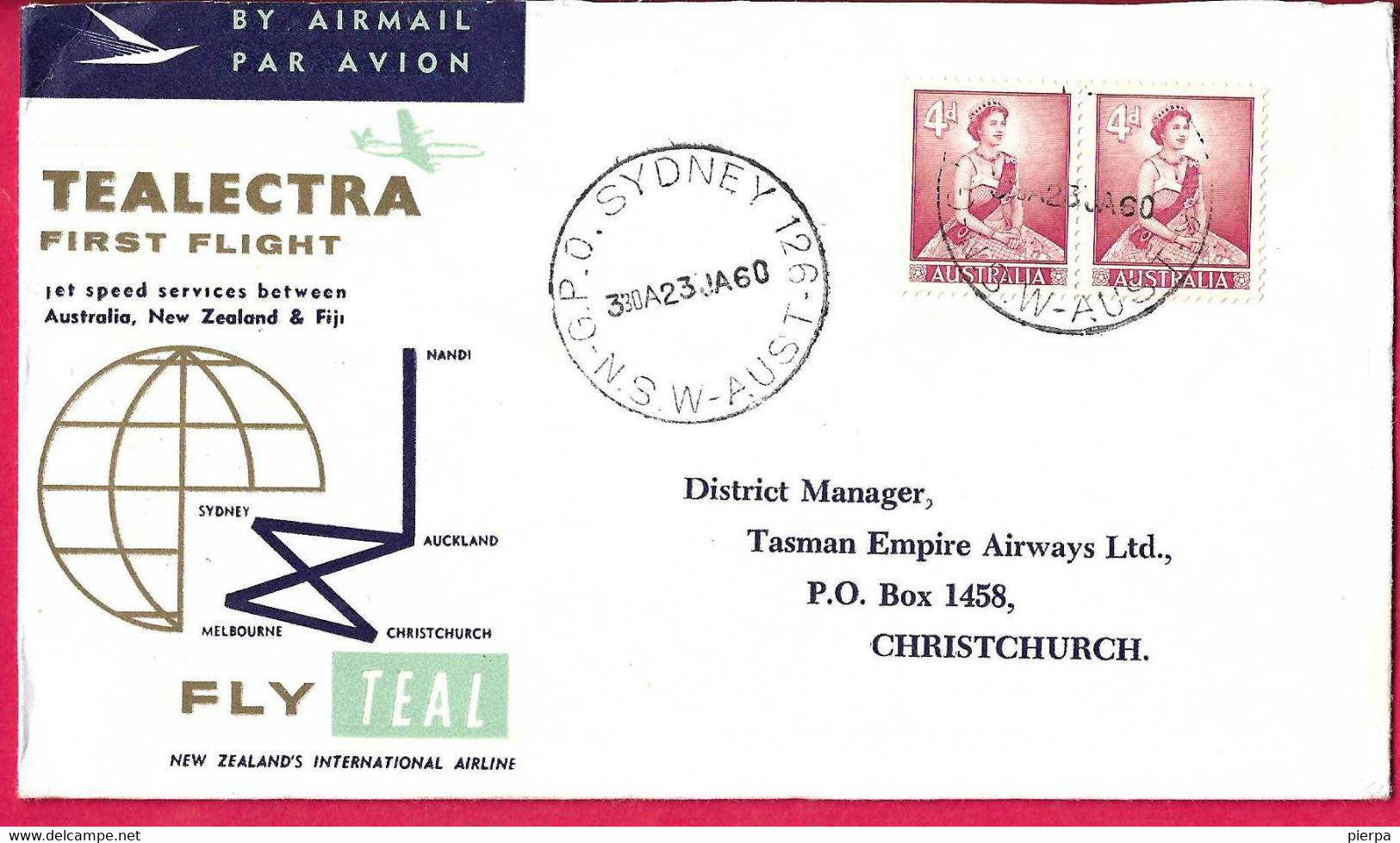 AUSTRALIA - FIRST FLIGHT TEALECTRA FROM SIDNEY TO CHRISTCHURCH  * 23.JA.60* ON OFFICIAL ENVELOPE - Primi Voli