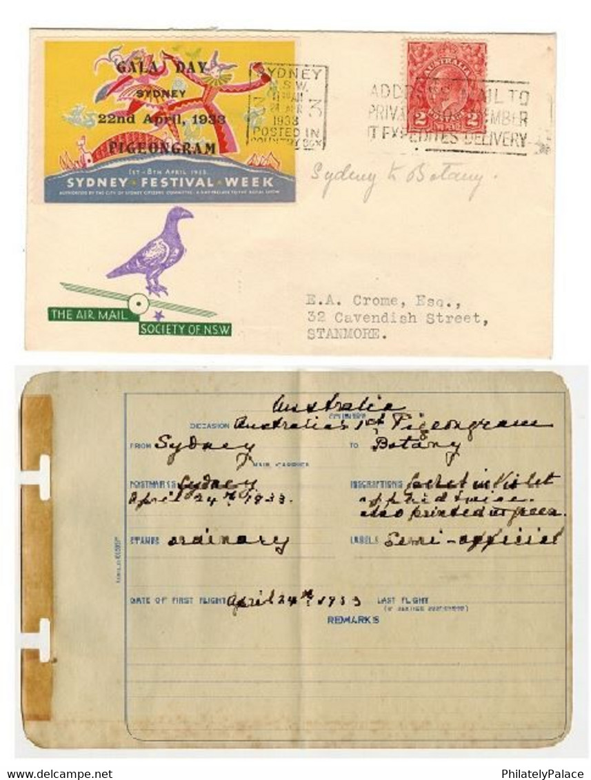 AUSTRALIA - 1933 'Gala Day' PIGEONGRAM Complete With Senders Receipt - Pigeon Carried Mail, Pigeonogram (**) VERY RARE - Cartas & Documentos