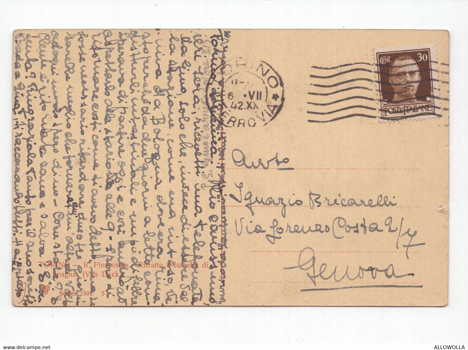 19083 " TORINO-R. PINACOTECA-RITRATTO D'ISABELLA DI SPAGNA(VAN DYCK) "-CART. POST. SPED.1942 - Museos