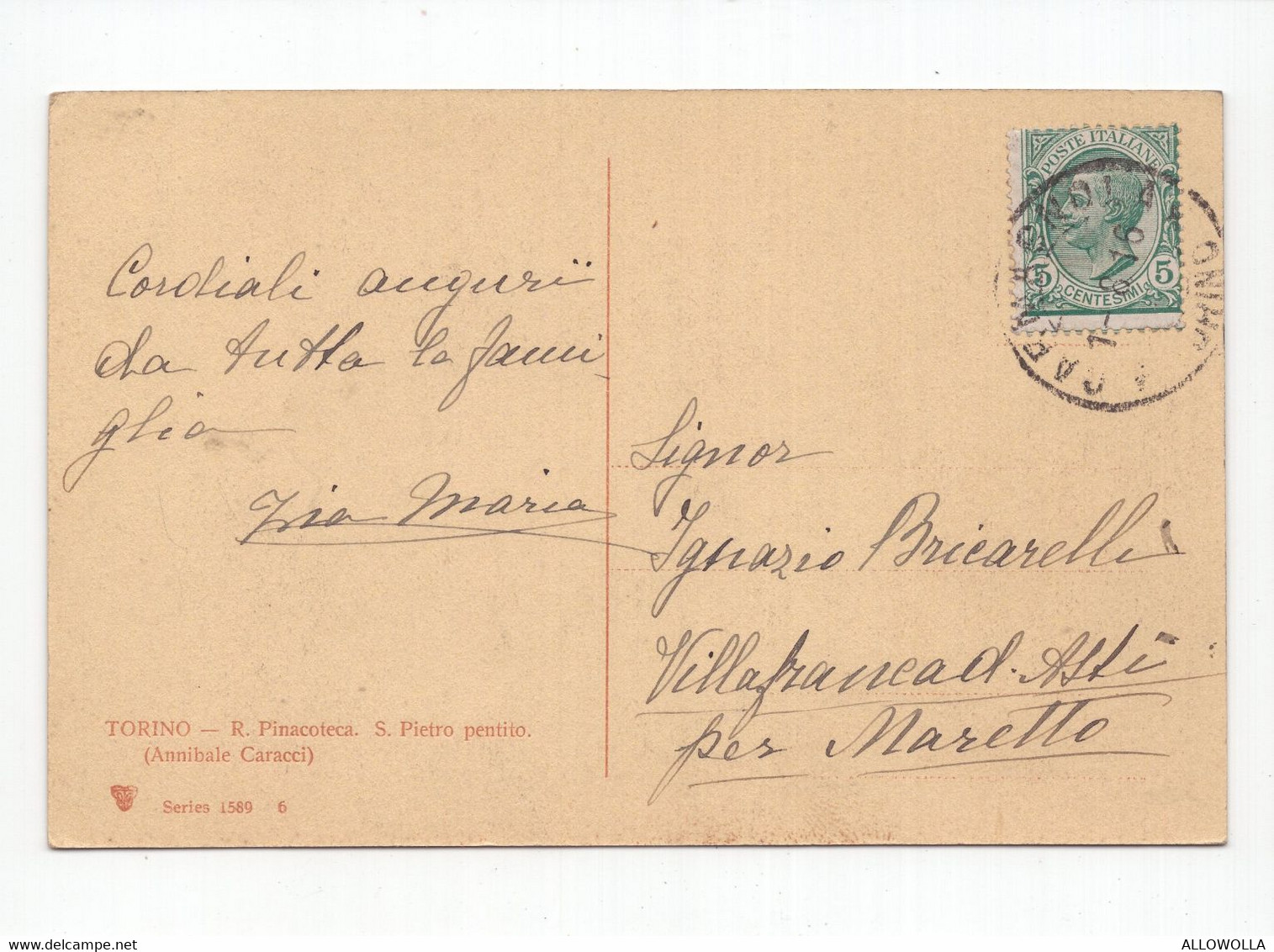 19084 " TORINO-R. PINACOTECA-S. PIETRO PENTITO (ANNIBALE CARACCI) "-CART. POST. SPED.1916 - Museos