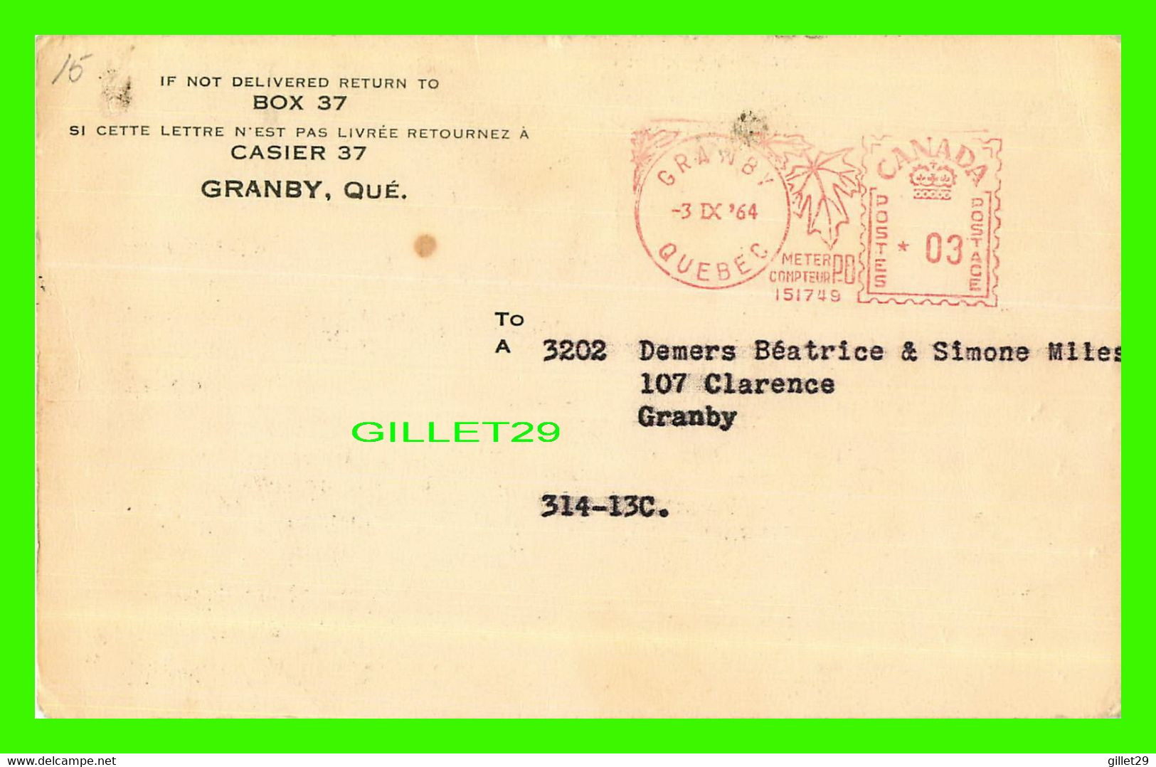 GRANBY, QUÉBEC - AVIS DE TAXE FONCIÈRES PAR ROBERT BEAUREGARD, TRÉSORIER - CIRCULÉE EN 1964 - - Granby