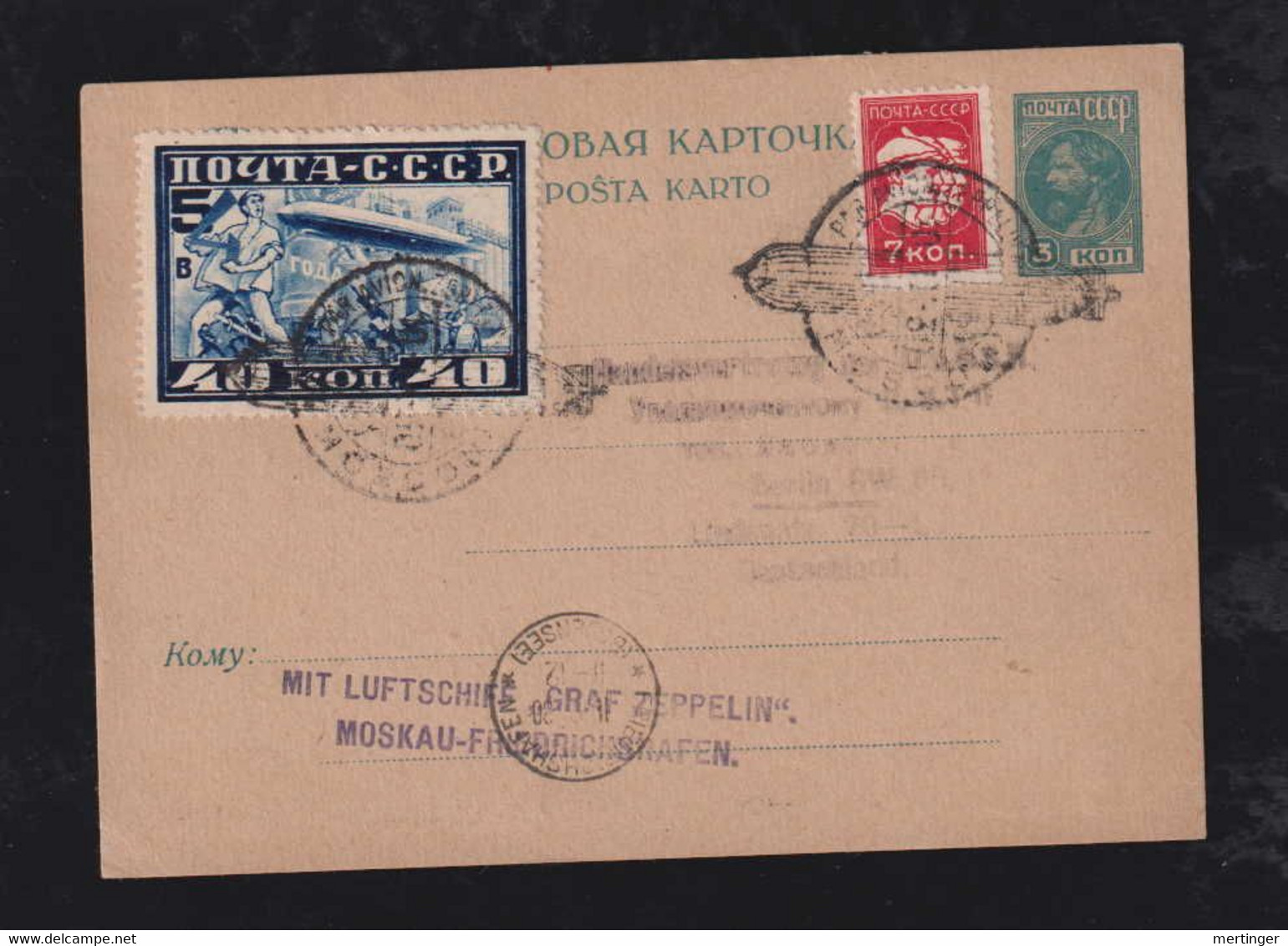 Russia 1930 ZEPPELIN Uprated Stationery Card To BERLIN Germany Stamp Perf 10,5 - Covers & Documents