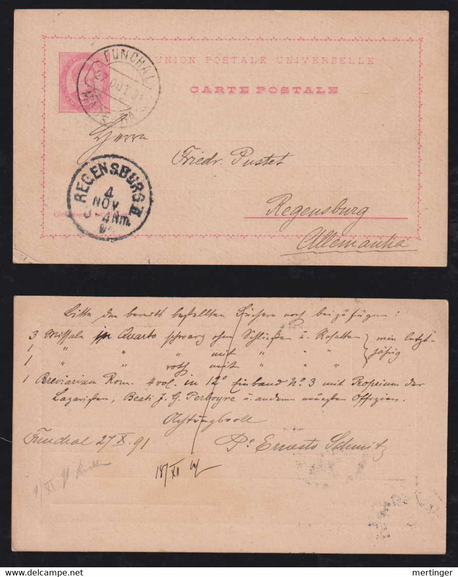 Portugal FUNCHAL 1891 Stationery Postcard MADEIRA To REGENSBURG Germany - Funchal