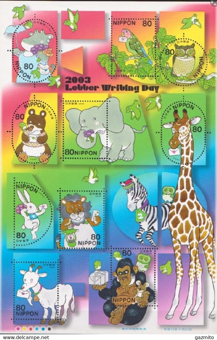 Japan 2003, Hippo, Parrot, Owl, Elephant, Giraffe, Gorilla, Lion, 10val In Sheetlet - Gorilles