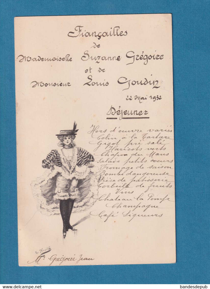 GENEALOGIE Menu FIANCAILLES Manuscrit Dessin Original Jeune Femme Danseuse Cabaret 1932 Suzanne Gregoire Louis Goudin - Menus