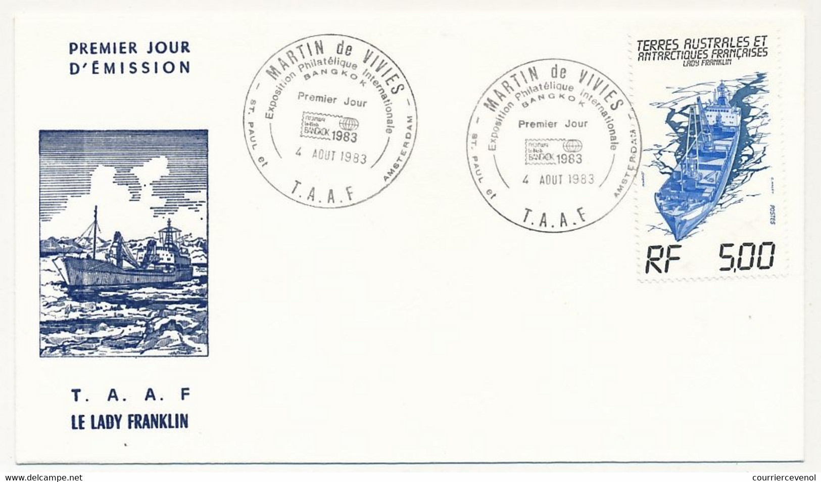 TAAF - Env. FDC 5,00F Lady Franklin - St Martin De Vivies St Paul Ams 4/8/1983 - Storia Postale