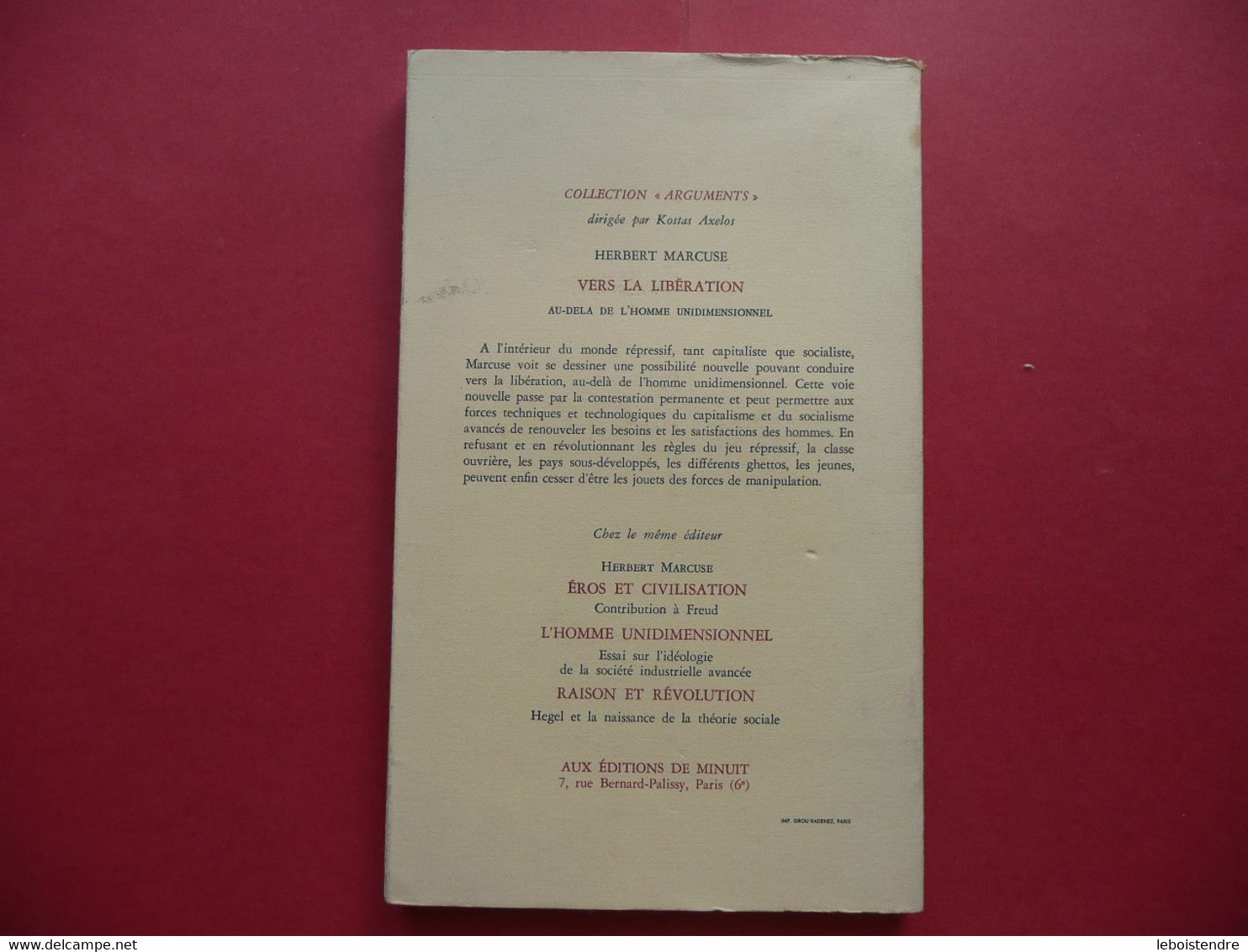 VERS LA LIBERATION HERBERT MARCUSE ARGUMENTS 37 1970 LES EDITIONS DE MINUIT - Sociologia