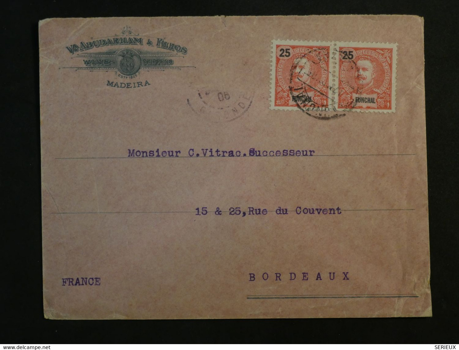 BL4 FUNCHAL   BELLE LETTRE RARE 1906 MADEIRA   A BORDEAUX  FRANCE +PAIRE DE TP+SURCHARGE +AFFRANCH. INTERESSANT++ - Other & Unclassified