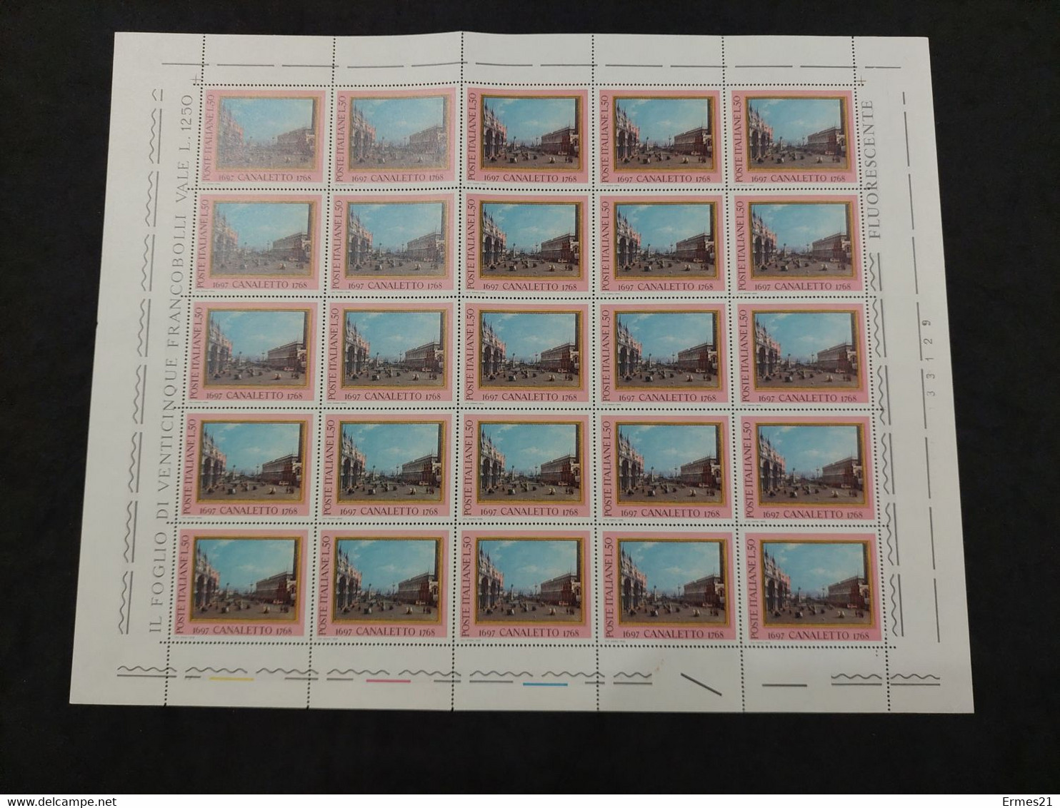 Canaletto 1697-1768. Anno 1968. Valore 50 Lire. Foglio 25pz. Fluorescente. Condizioni Eccellenti. - Full Sheets