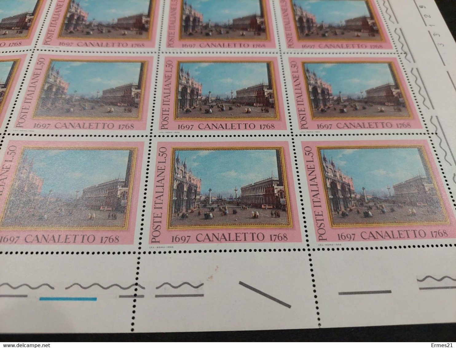 Canaletto 1697-1768. Anno 1968. Valore 50 Lire. Foglio 25pz. Fluorescente. Condizioni Eccellenti. - Hojas Completas