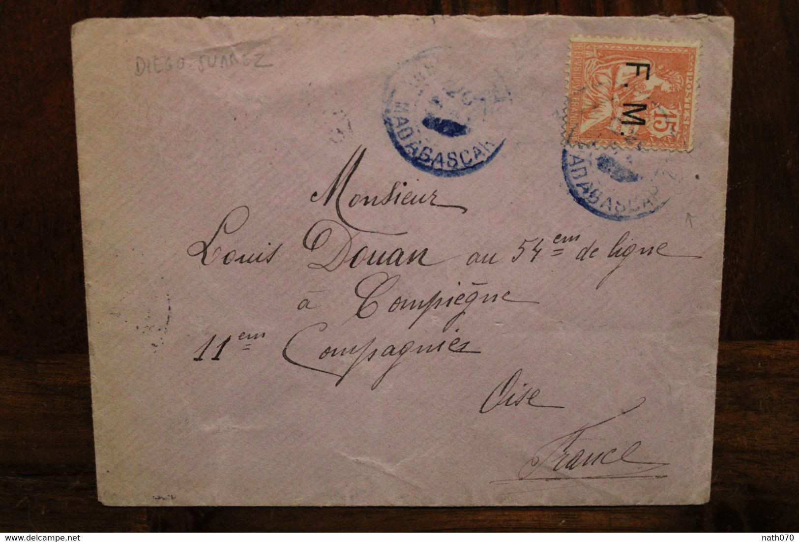 1908 Diego Suarez Timbre Mouchon Surcharge FM Madagascar France Cover Adressée Militaire 54e Régiment De Ligne - Lettres & Documents