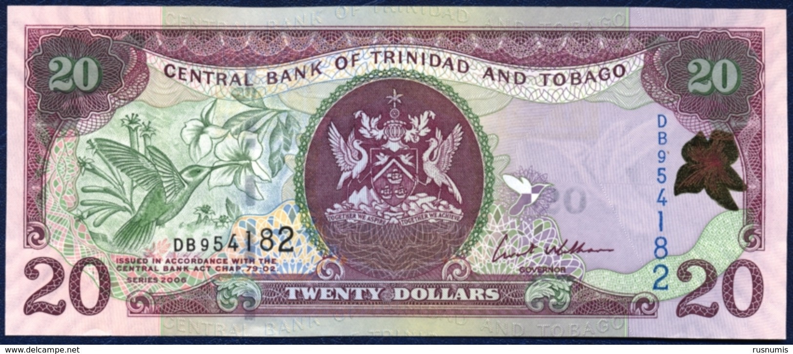 TRINIDAD AND TOBAGO 20 DOLLARS P-49a HUMMING BIRD CENTRAL BANK ERIC WILLIAMS FINANCIAL COMPLEX 2006 UNC - Trinidad & Tobago