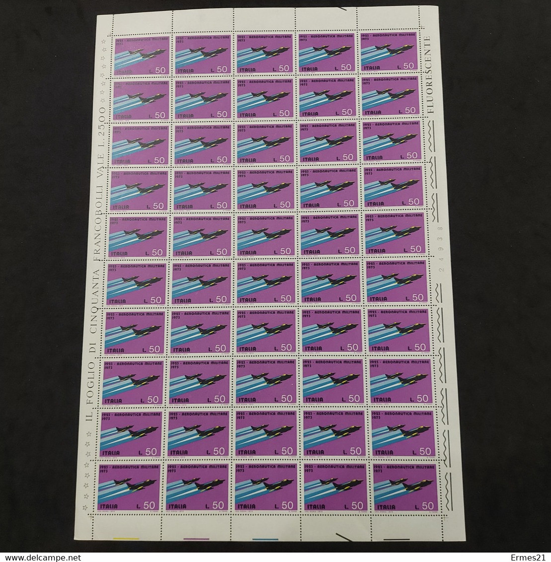 Aeronautica Militare 1923-1973. Anno  1973. Valore 50 Lire. Foglio 50pz. Fluorescente.  Condizioni Eccellenti. - Full Sheets