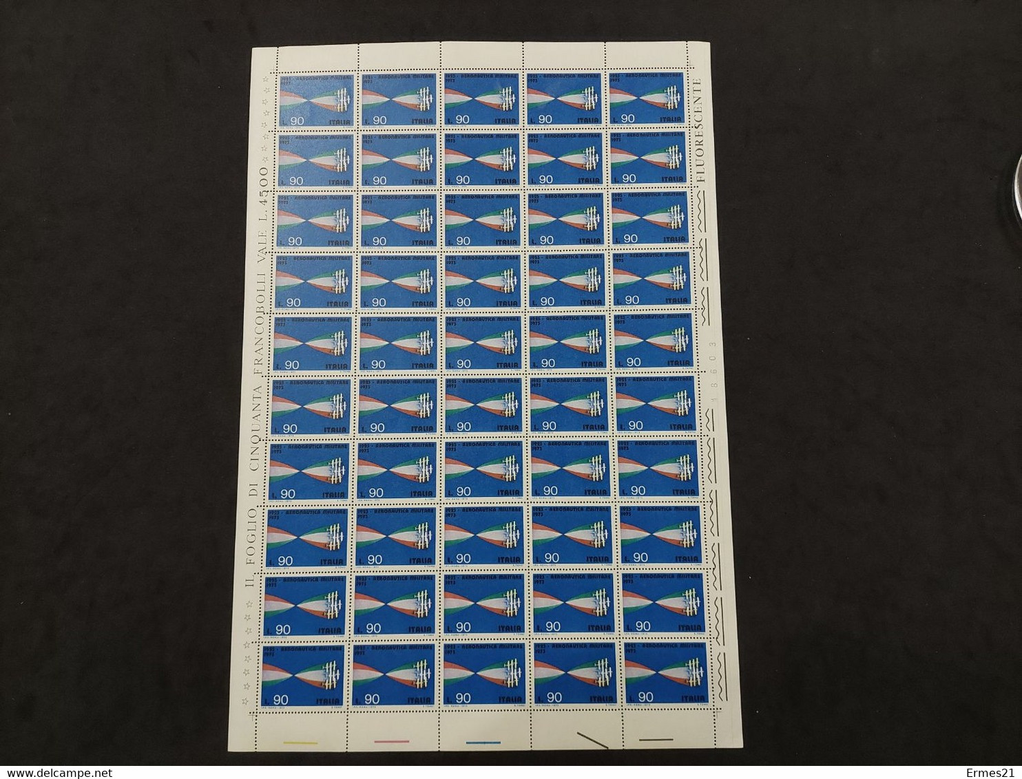 Aeronautica Militare 1923-1973. Anno  1973. Valore 90 Lire. Foglio 50pz. Fluorescente.  Condizioni Eccellenti. - Full Sheets