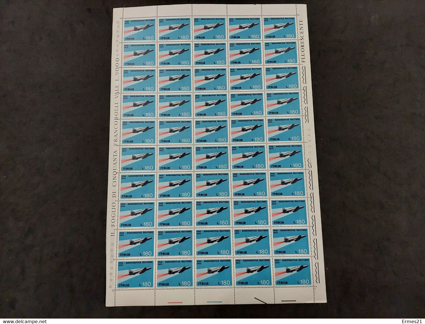 Aeronautica Militare 1923-1973. Anno  1973. Valore 180 Lire. Foglio 50pz. Fluorescente.  Condizioni Eccellenti. - Hojas Completas