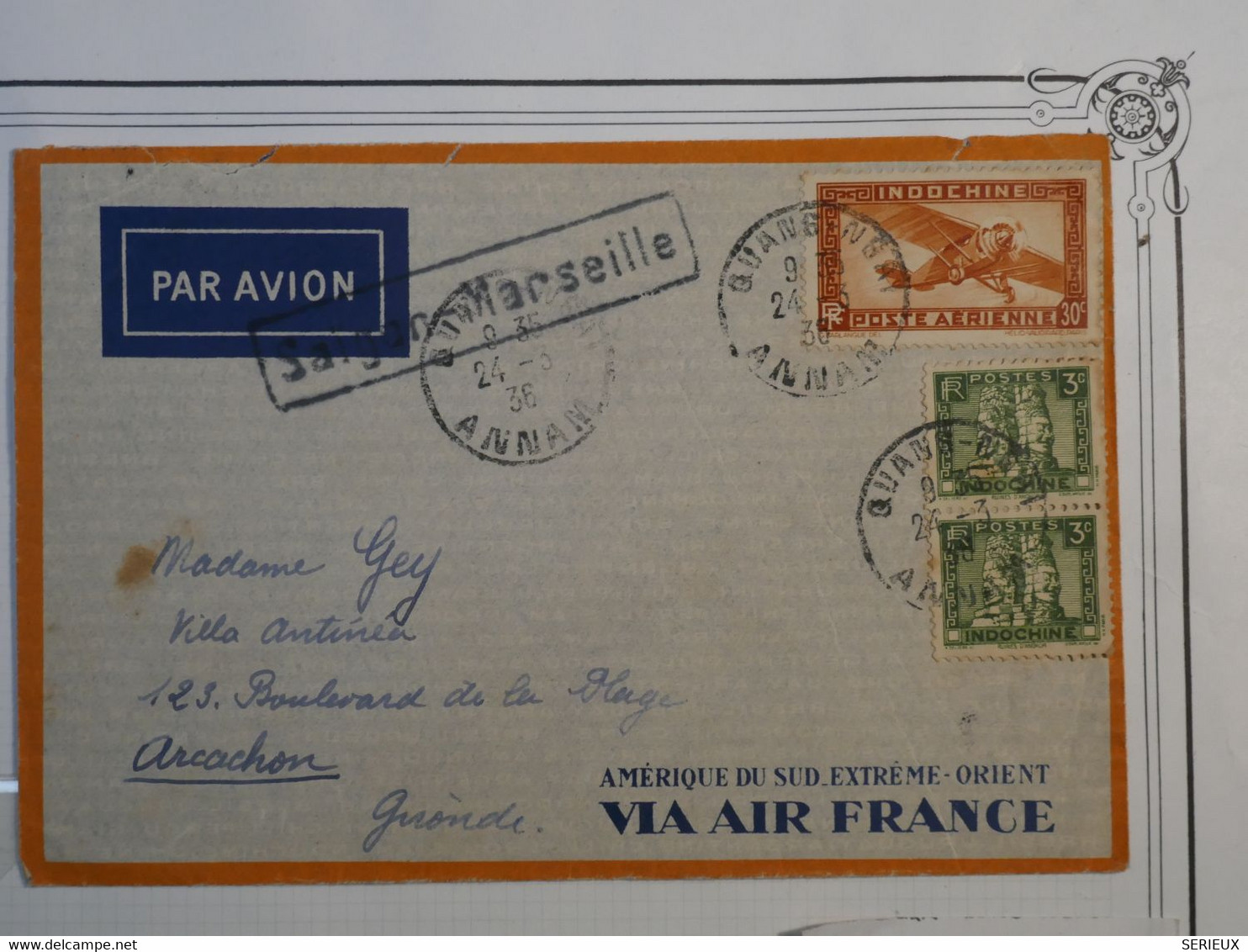 BL4 INDOCHINE  BELLE LETTRE   1938 PETIT BUREAU GUANGNGAY  A ARCACHON FRANCE  +AIR FRANCE + +AFFRANCH. INTERESSANT++ - Covers & Documents