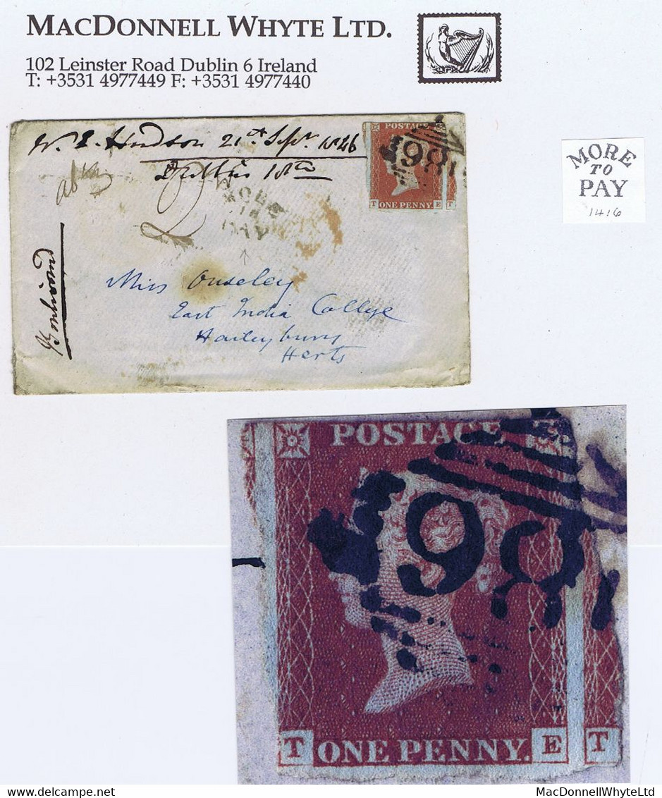 Ireland Postage Due Dublin 1846 Cover To England With 1d Red Pl64, Underpaid With MORE/TO/PAY Of Dublin - Portomarken