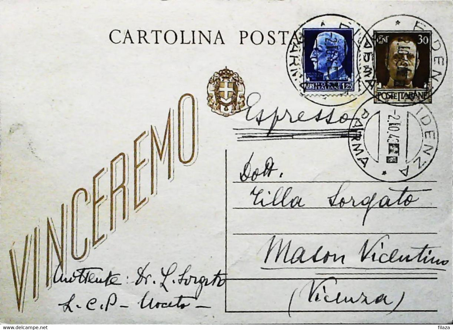 Italy - Intero Postale-c.30 VINCEREMO (C98)  + IMP.£.1,25 FIDENZA, 02.10.43 -236692 - Postwaardestukken