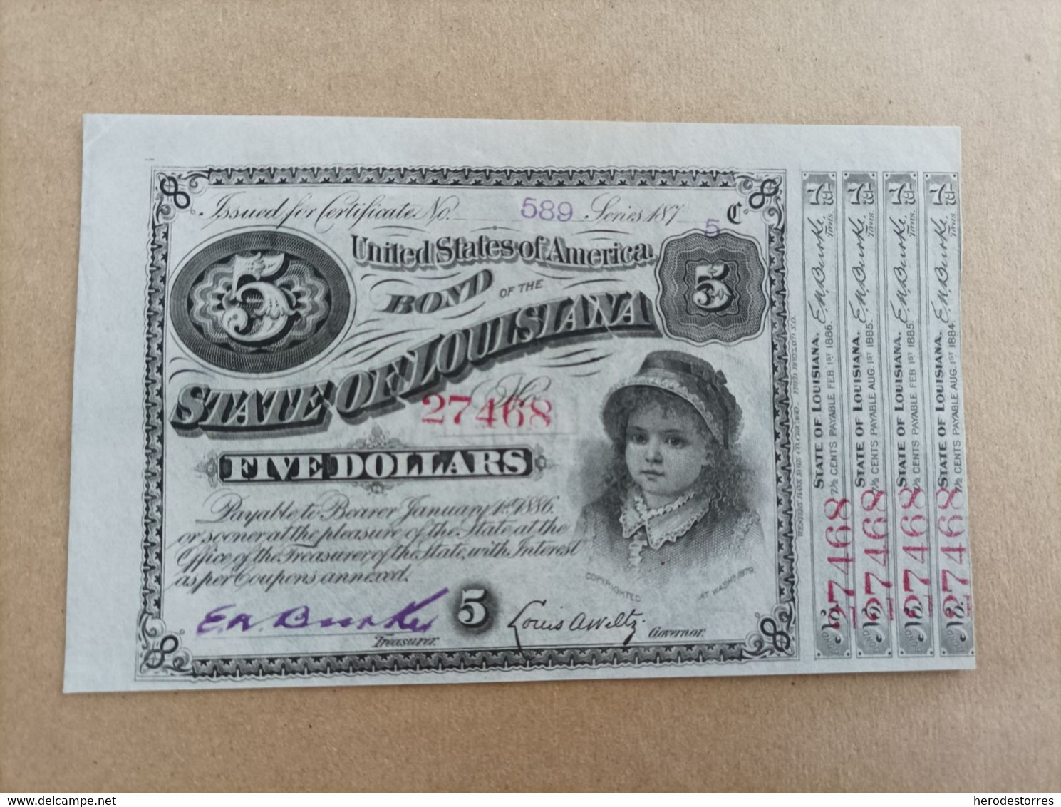 Billete De Estados Unidos De Lousiana De 5 Dólares De 1875, AUNC, Muy Raro - Te Identificeren
