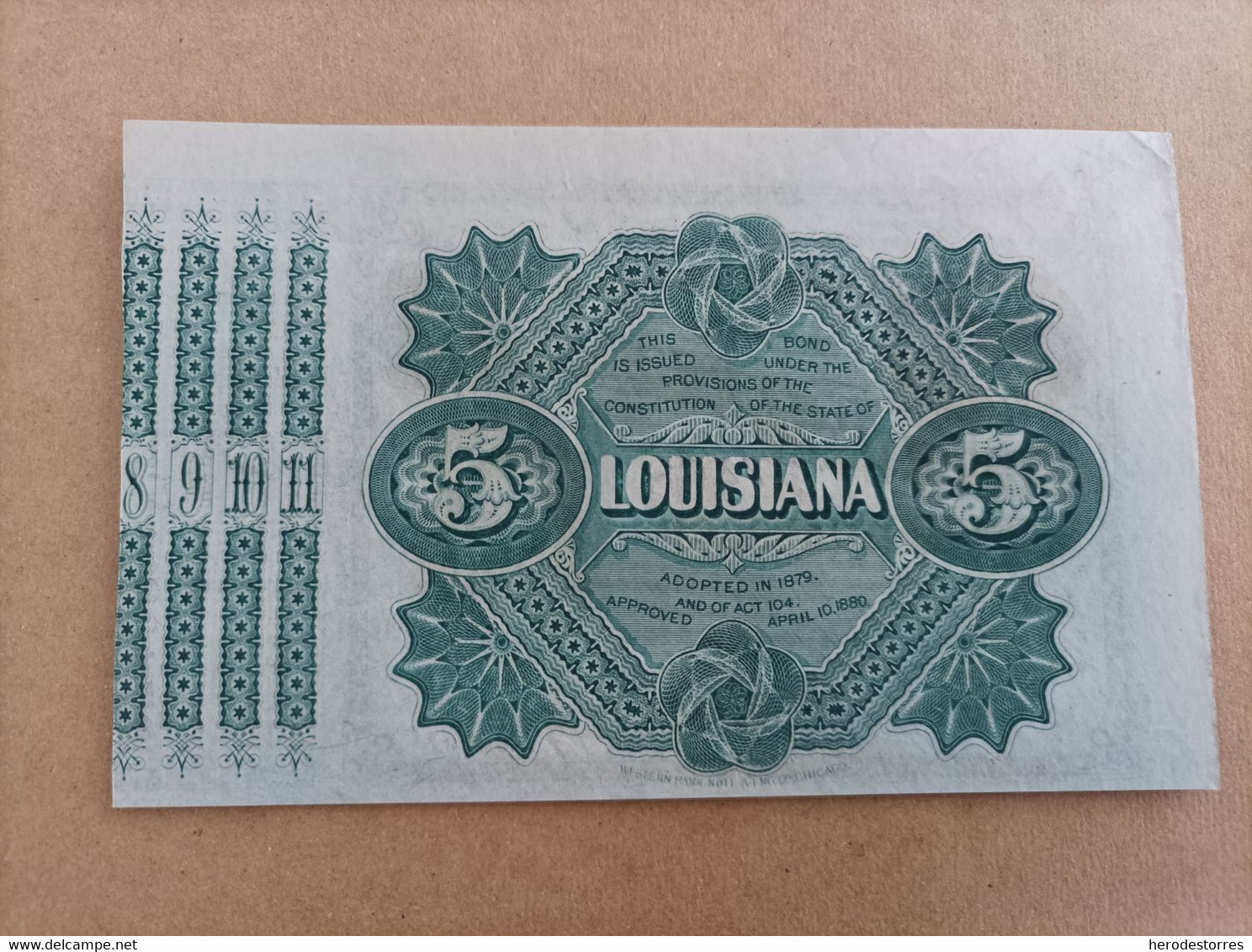 Billete De Estados Unidos De Lousiana De 5 Dólares De 1875, AUNC, Muy Raro - Da Identificare