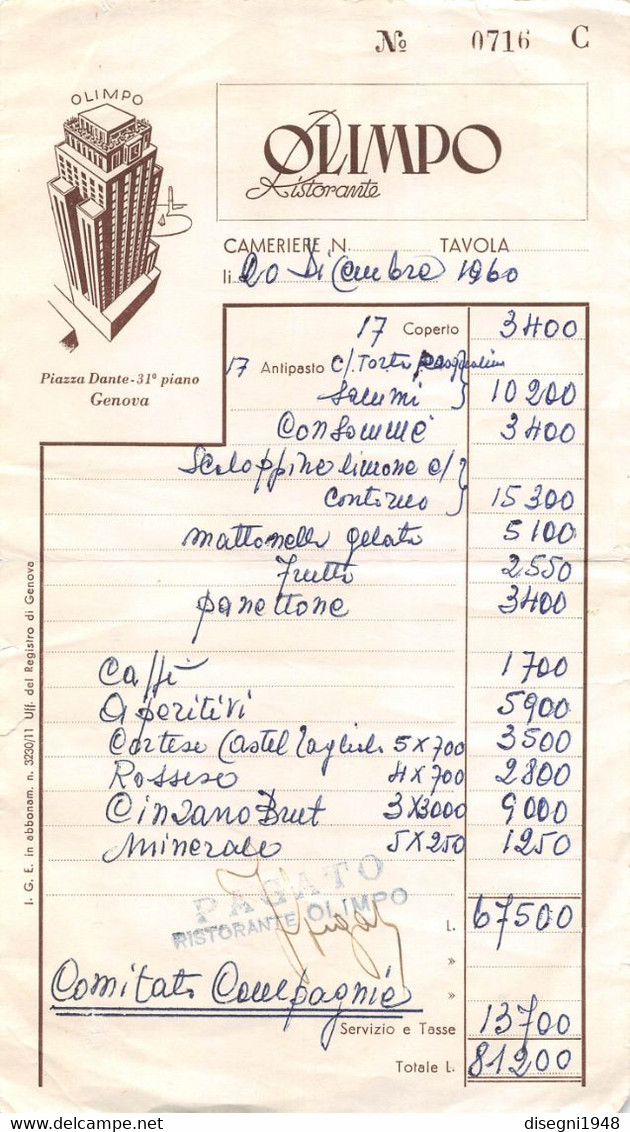 011827 "RISTORANTE OLIMPO, PIAZZA DANTE 31° PIANO - GENOVA - 20 DICEMBRE1960" FATTURA ORIG. - Invoices