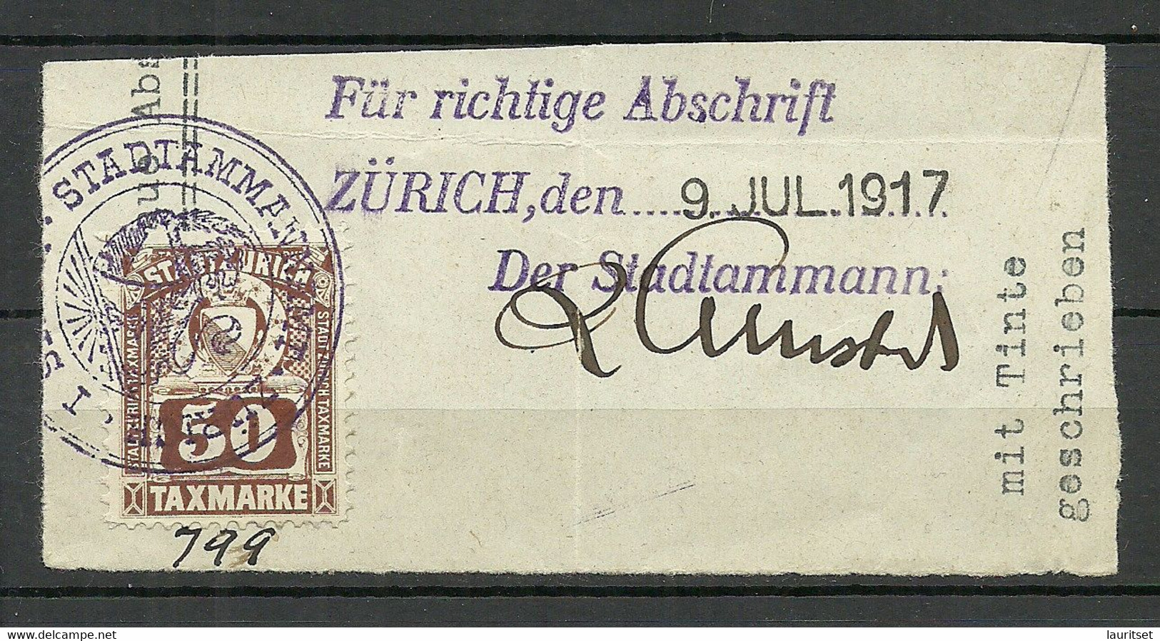 Schweiz Switzerland Stadt Zürich O 1917 Taxmarke Gebührenmrke Local Tax Auf Dokumentausschnitt - Fiscale Zegels