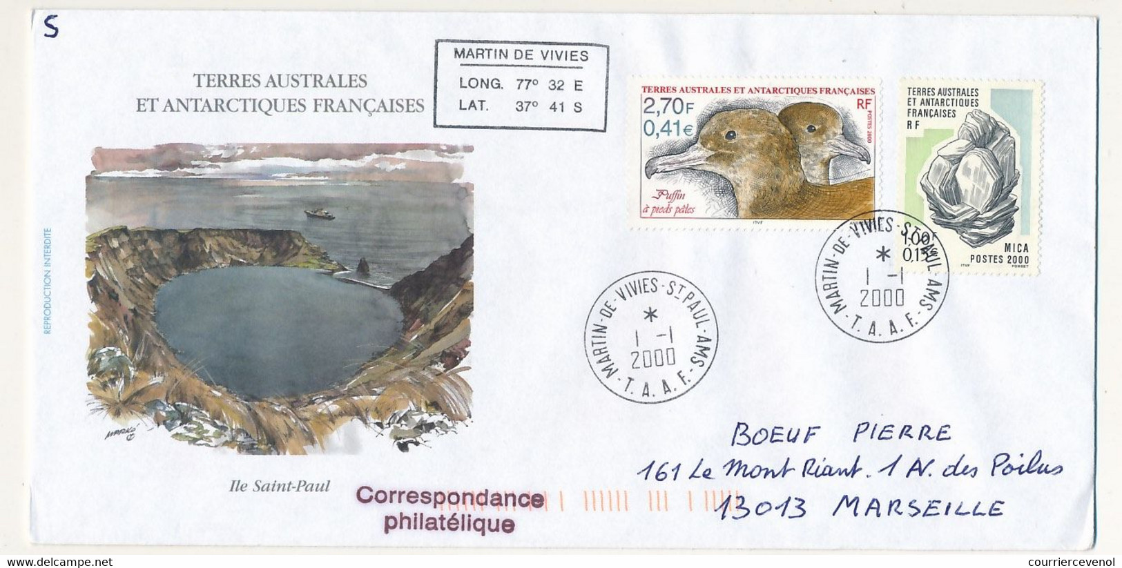 TAAF - Env. Affr 2,70F/0,41e Puffin  1,00f/0,15e Mica - St Martin De Vivies St Paul Ams 1/1/2000 - Covers & Documents